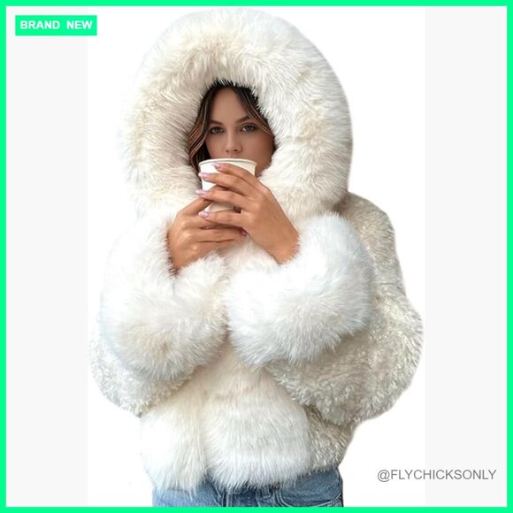 Jackets & Blazers - Faux Fur Hooded Cropped Jacket with Pockets Winter Outerwear